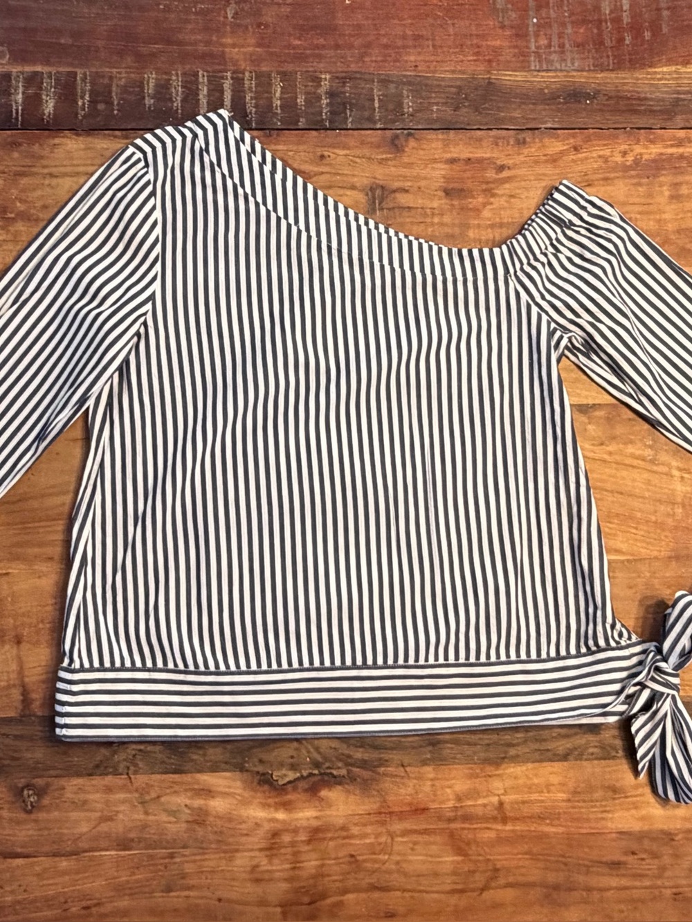 Crosby by Mollie Burch Navy & White Striped One Shoulder Tie Hem Cotton Blouse